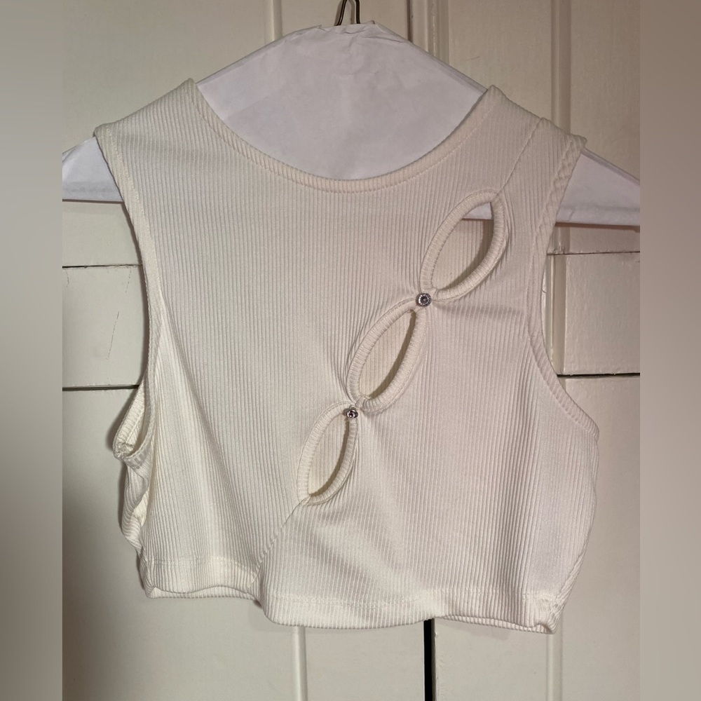 Ivory Rib Asymmetric Cut Out Racer Crop Top With Rhinestone Burtons. Size 4.